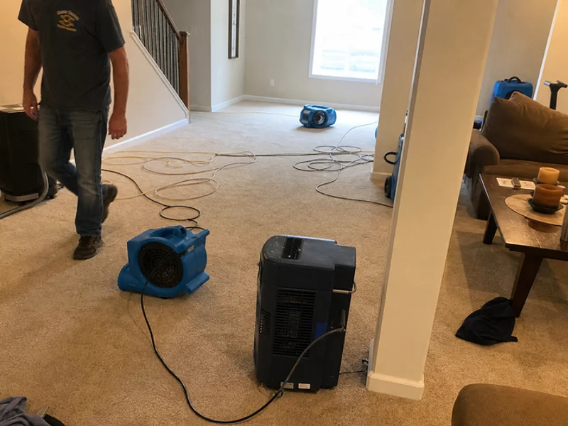 Air movers drying a finished basement