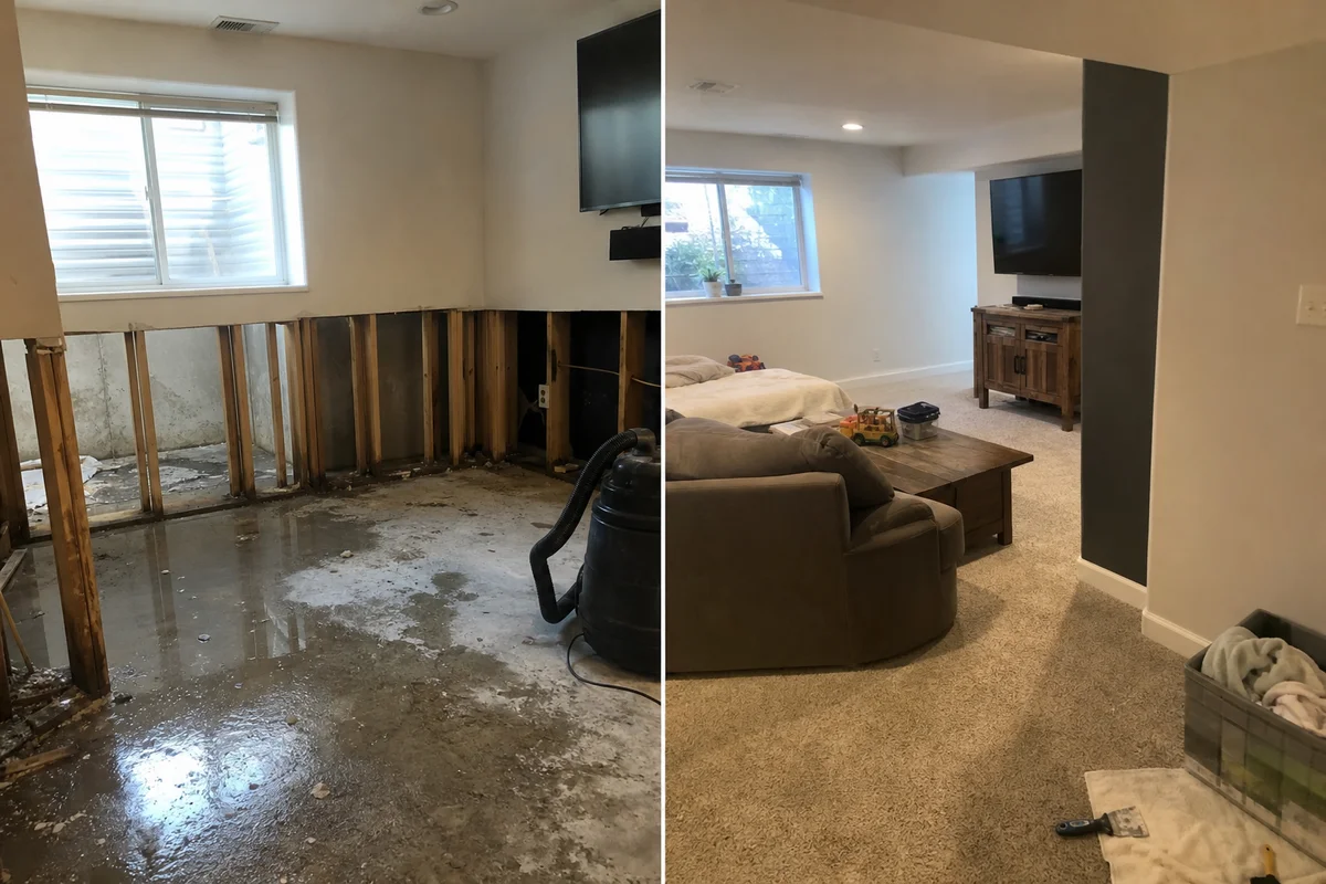 Before-and-after basement restoration in Highlands Ranch