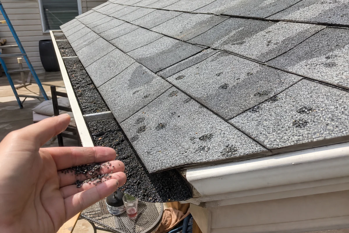 Hail-dented shingles with granule loss in a gutter