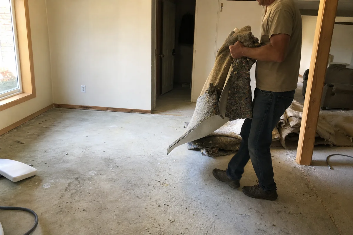 Damaged wet carpet being removed from a basement