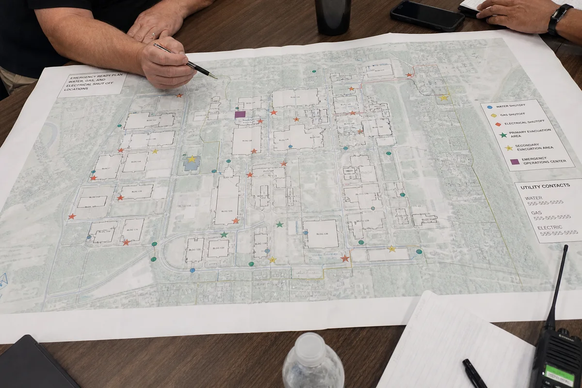 Facility map with marked shutoff locations and priority areas