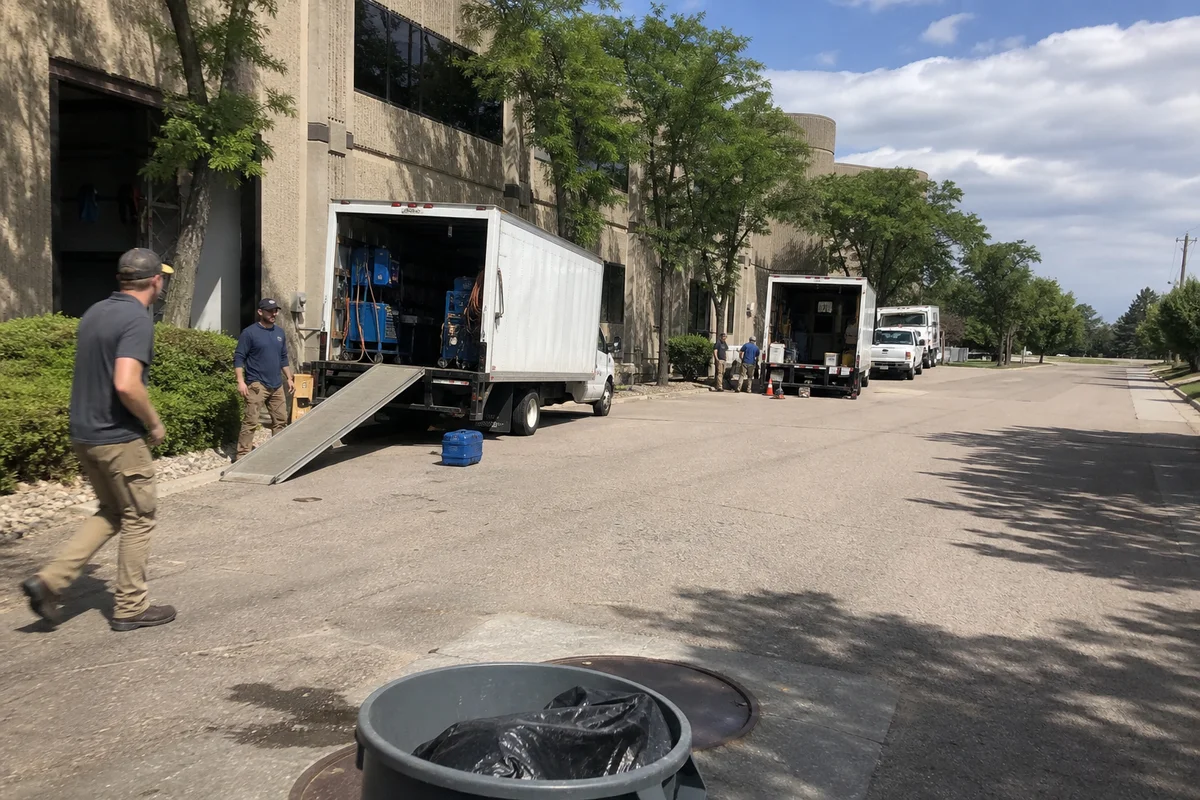 Fleet of restoration trucks mobilizing at commercial building