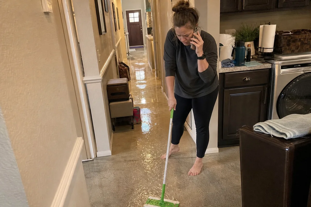 Homeowner discovering water in a flooded hallway at night