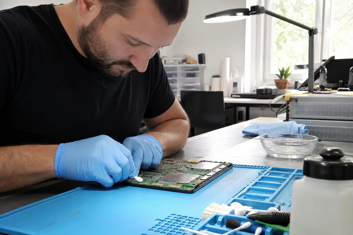 Technician cleaning water-damaged electronics